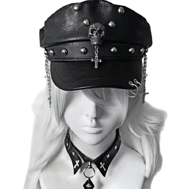 2000s Women Beret Hat Punk Rivet Decors Flat Top Cap Breathable PU Leather Octagonal Hat for Casual and Cosplay Wear