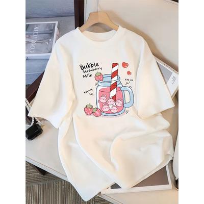 Delicious Strawberry Drink Printed Women's T-shirt Summer Breathable Street Sports Cool Short Sleeve Women Clothing