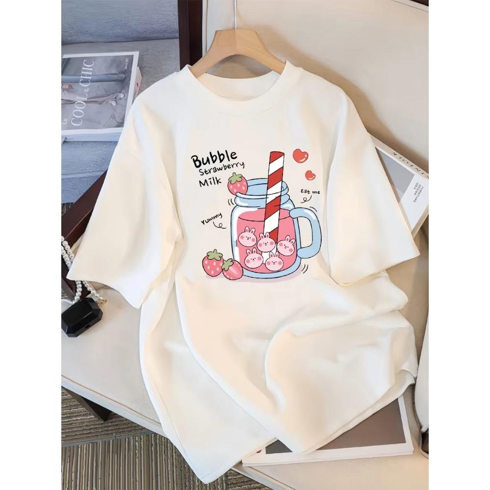 

Вкусный клубничный напиток Принтованная женская футболка Летняя дышащая уличная спортивная крутая футболка с коротким рукавом Женская одежда 2XL