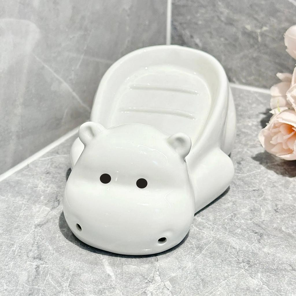 Cartoon Hippo Soap Box Waterproof Moisture-proof Household Decoration Creative Cute Ceramic Drain Punch-free Washbasin Soap Box