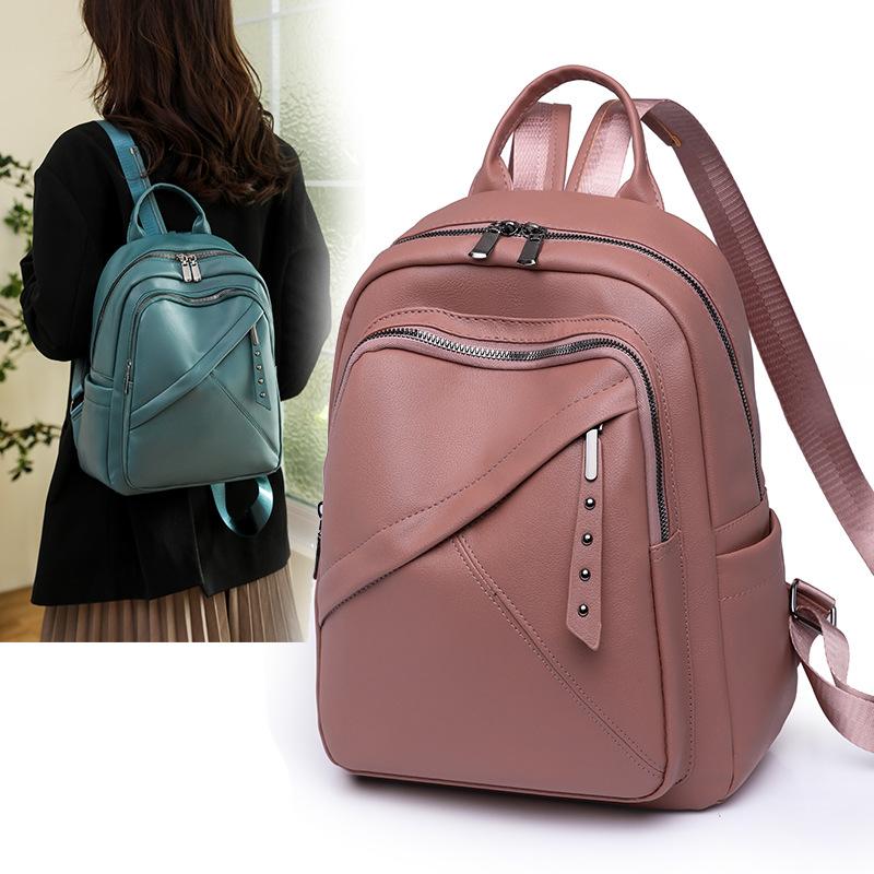 Women s backpack new simple and fashionable large-capacity PU backpack college student casual schoolbag розовый