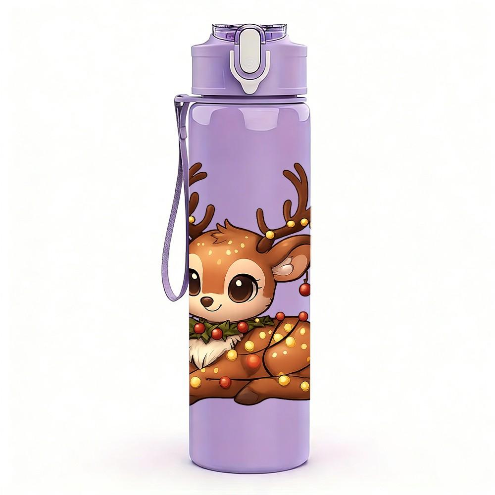 1PC Christmas Cute Deer 750ml Color Plastic Sports Water Bottle Leakproof Flip Straw Lid Suitable for Sports Office Home Use
