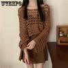 Spring and Summer Long Sleeve Hollow Out Knitted Shirt Design Sense Short Sunscreen Cover Top