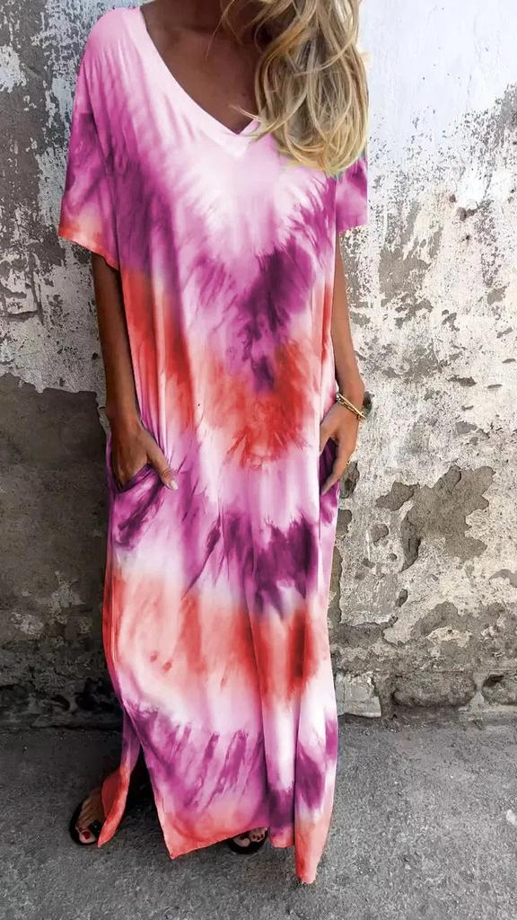 Summer New European And American Style Women'S Clothing Casual Loose Short-Sleeved V-Neck Split Fork Gradual Change Tie-Dye Long Dress