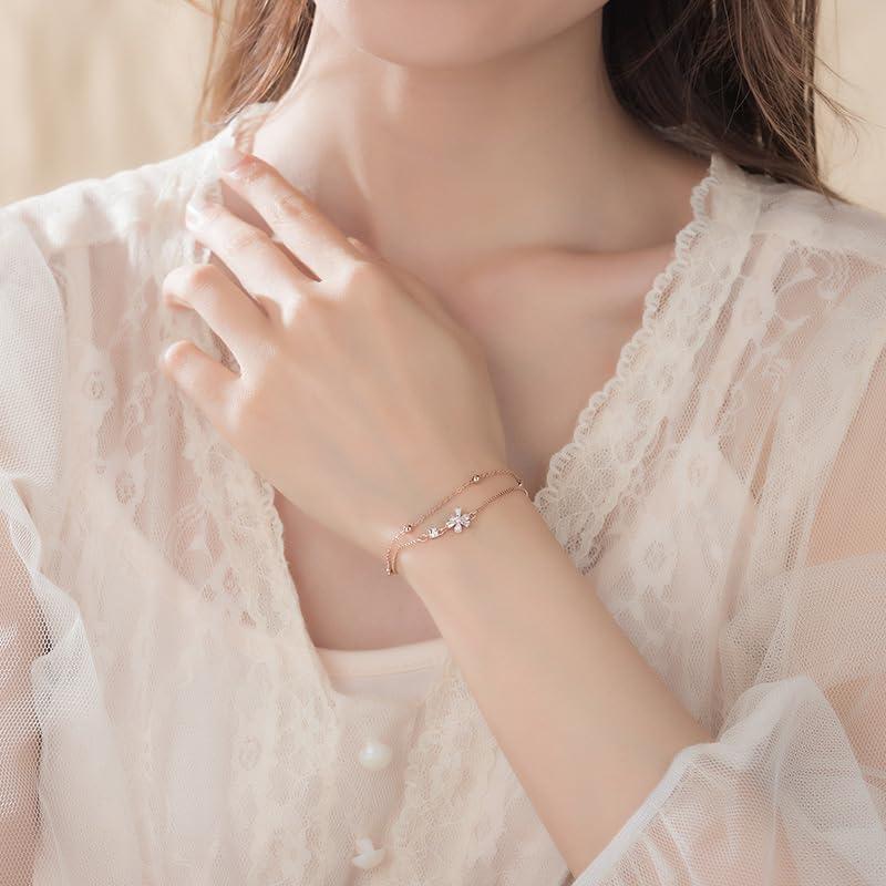 Women's Bracelet, 925 Silver, Cherry Blossom Flower Design, Double Chain, Simple, Cute, Hand Decoration, Birthday Present, For Women, Metal