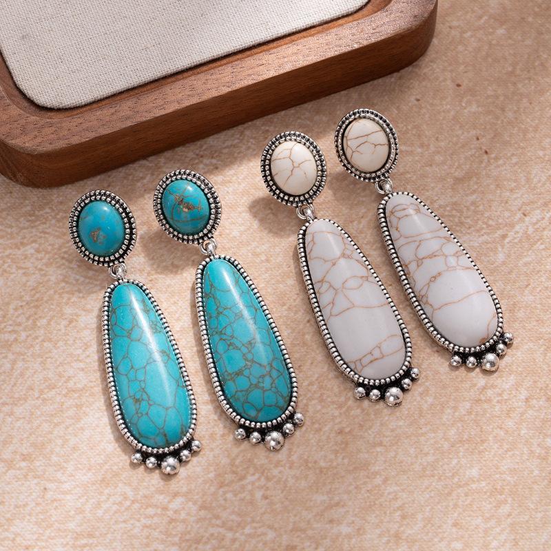 Retro Ethnic Style Exaggerated Earrings Bohemian Style Turquoise Water Drop Earrings Women'S Light Luxury High-End Earrings