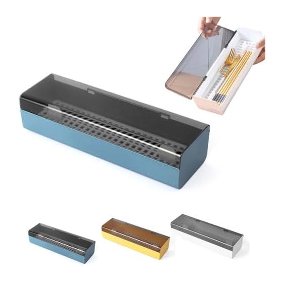 Cutlery Case with Lid, Chopsticks, Spoon, Fork Holder, Large Capacity, Dustproof, Draining, Kitchen Countertop Organizer, Green