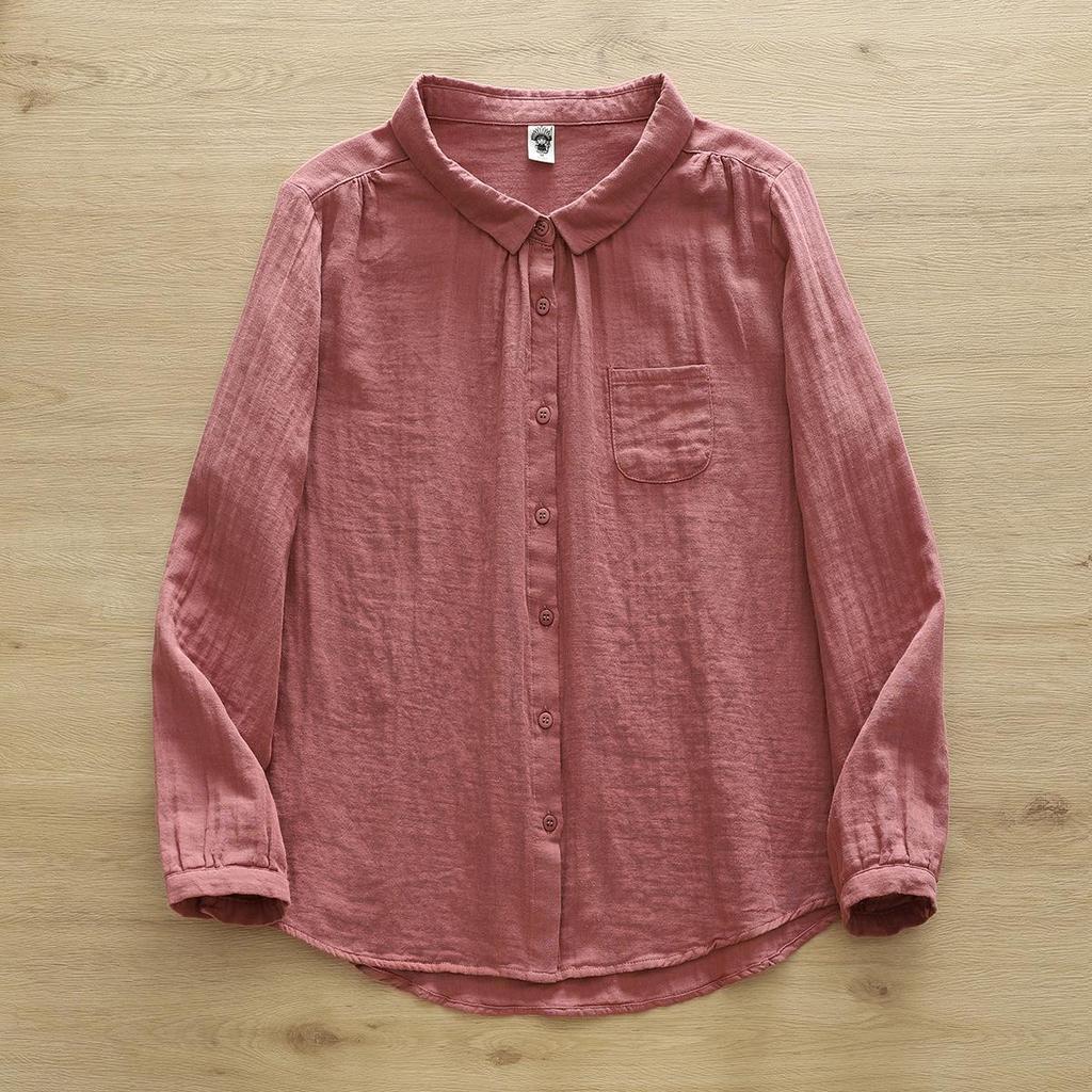 Pure Cotton Women's Lapel Pleated Blouse - Solid Color, Long Sleeve, Double Layer Yarn, Spring/Autumn.