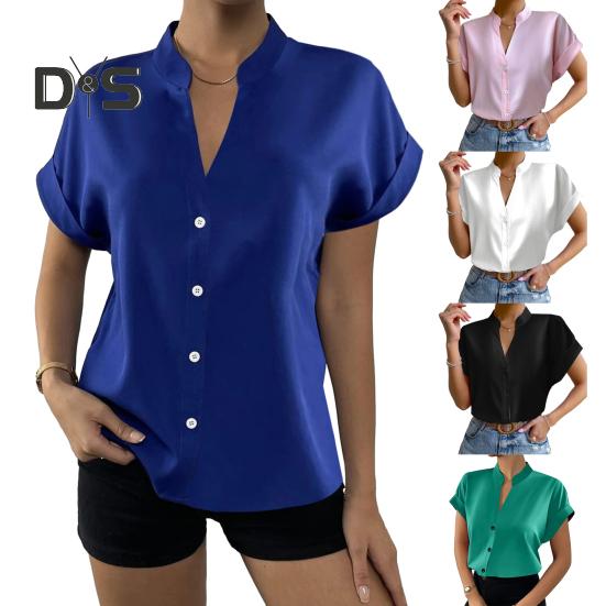 Dámská košile s výstřihem do V límec Jednořadá s krátkým rukávem Jednobarevná Hedvábně hladká Formální Business OL Dámská top halenka ve stylu dojíždění