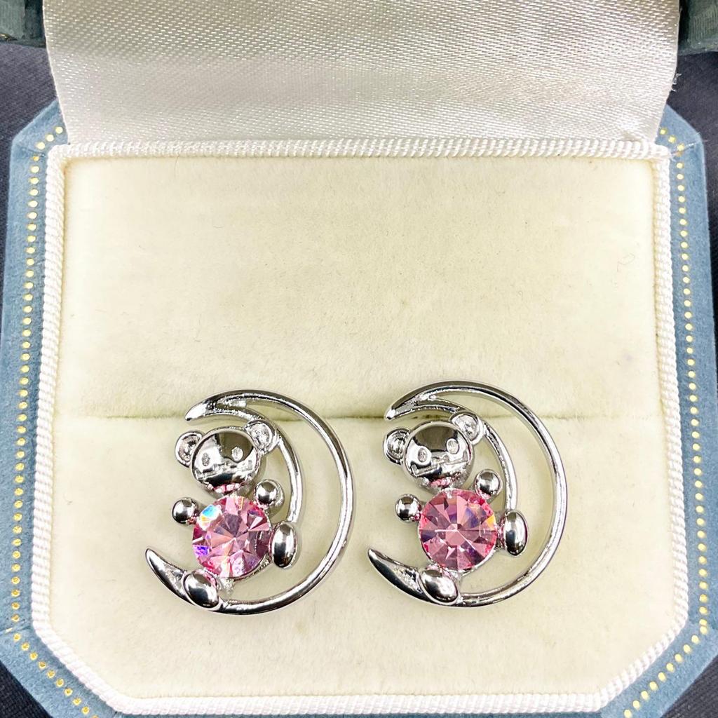 Crescent Moon Bear Earrings: Sterling Silver with 6.2mm CZ Stone