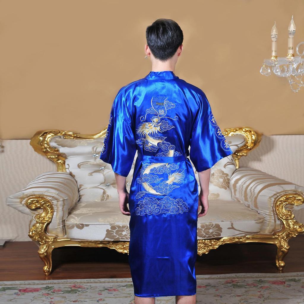 Men's Embroidered Silk Dragon Robe - Chinese Style Long Bathrobe