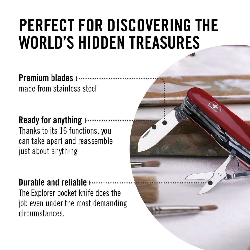 Victorinox Explorer Swiss Army a with 16 Including a Magnifying Glass and a Phillips Head Perfect for Trekking and Model Knife, Swiss-made Multi-tool