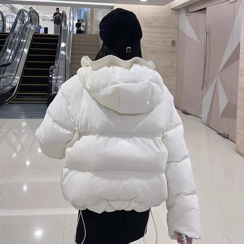 Women's Short Light Down Jacket Autumn Winter Hooded Single Breasted Loose White Duck Down Coat Pocket Stand Collar Solid Color