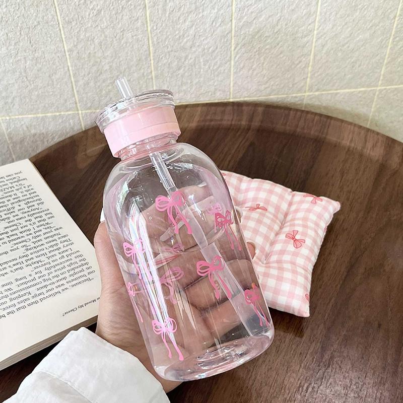 Kawaii Water Bottle Aesthetic Tumbler For Ice Coffee Juice Tea Cute Bowknot Plastic Cups With Straw Lid Portable Drinking Bottle