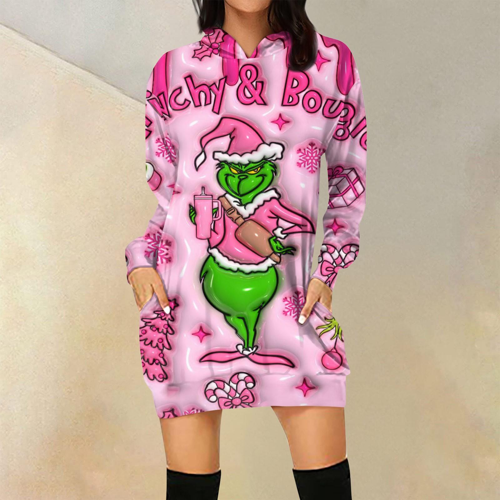 

Женская свободная повседневная толстовка с капюшоном и карманом с длинными рукавами с рождественским принтом, длинный топ M розовый