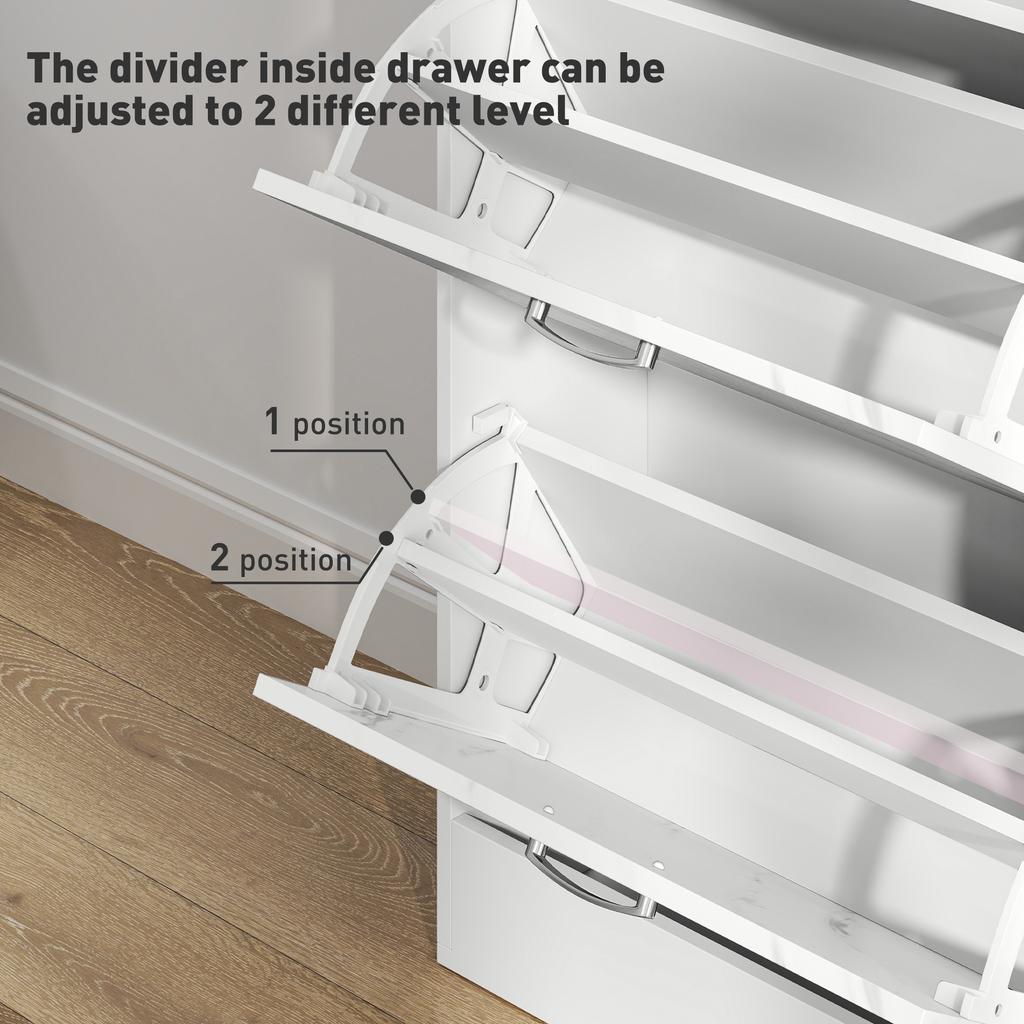 Marble Shoe Storage Cabinet with 3 Flip Drawers, Hallway Cabinet with Top Drawer and Adjustable Shelves, Shoe Cupboard for 18 Pairs, White