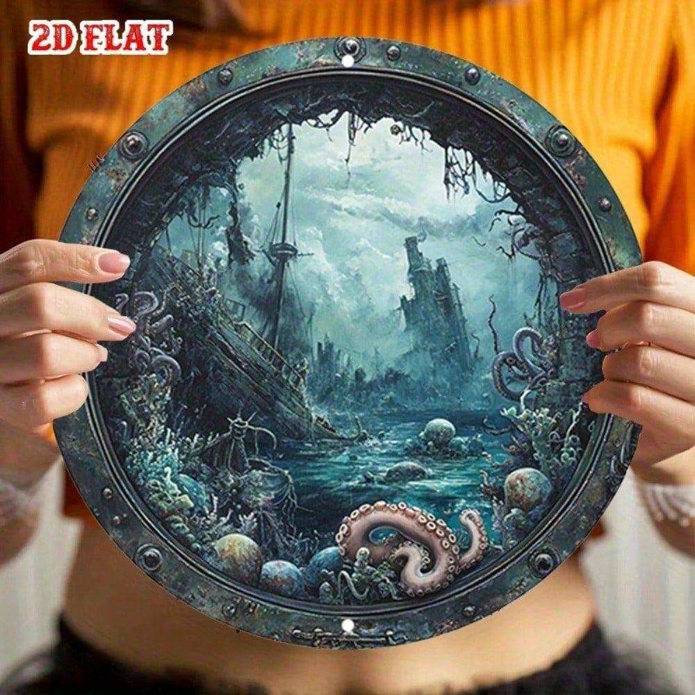 1pc Vintage Nautical Octopus Porthole Metal Wall Art Sign, Fantasy Underwater Ruins Aluminum Round Home Decor