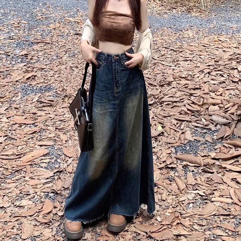 2407 Damen A-Linien-Rock aus distressed gewaschenem Denim - Retro Slim Long Fit für Frühling und Herbst