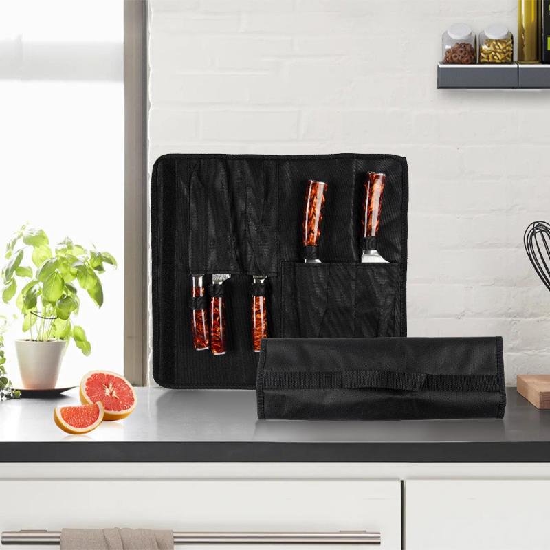 Black Chef Knife Roll Bag 5 Pockets Carry Case Portable Oxford Kitchen Cooking Knives Storage Bags Durable Knife Carrying Punch