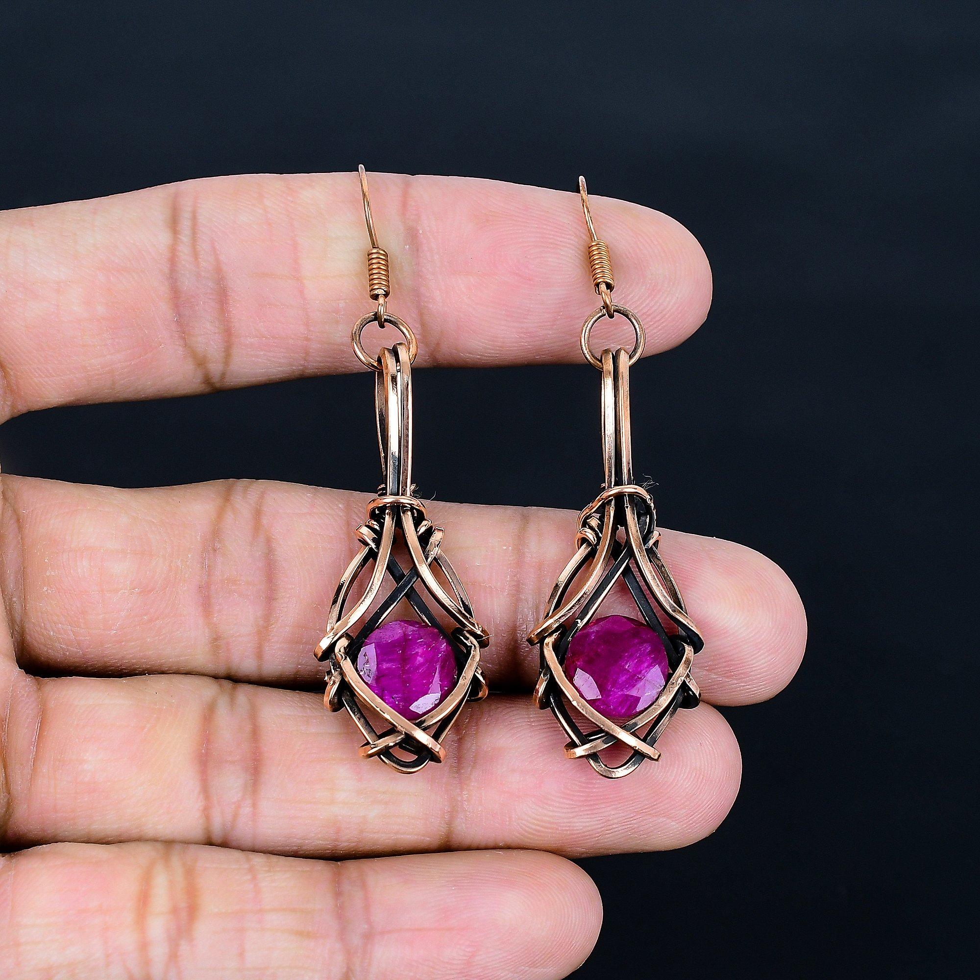

Ruby Earrings Gemstone Jewelry, 999 Copper Wire Wrapped Handmade Earrings, Latest Design Jewelry 2.55 Inches