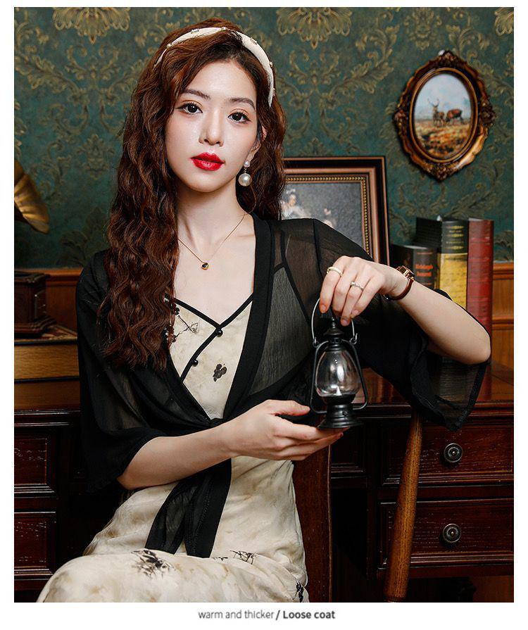 Women's Versatile Chiffon Shawl: Summer Sun Protection Mid-Sleeve Cardigan and Sleeveless Camisole Dress Set.