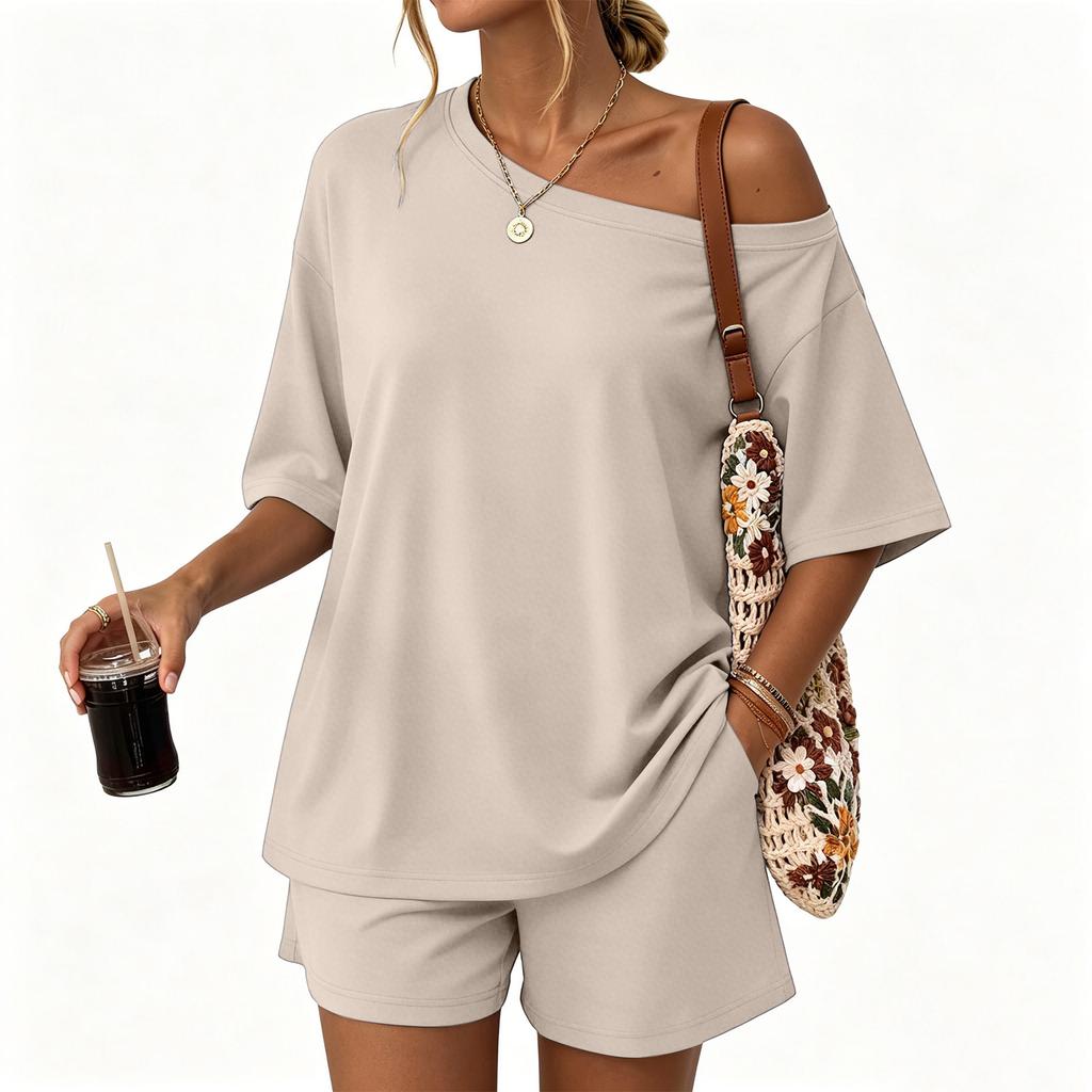 Women Casual Two Piece Set Short Sleeve Loose Fit Top and Elastic Waist Shorts Lightweight Lounge Wear Summer Outfit