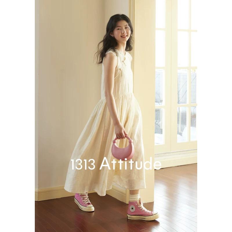 Buckle heavy work crochet vest dress apricot sleeveless long skirt L