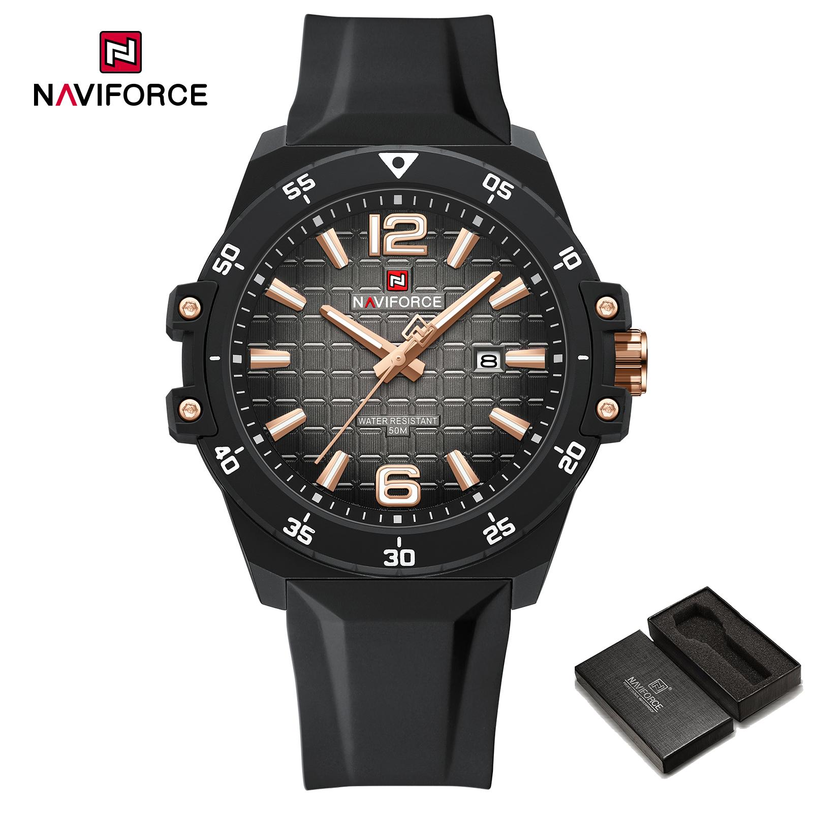 

Naviforce Оригинальные модные кварцевые мужские часы силиконовый ремешок водонепроницаемость 50 м календарь светящиеся стрелки мужские мальчиковые повседневные легкие часы NF7122 чёрный/розового золота