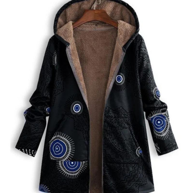 New Autumn Winter Women's Vintage Cotton Linen Coat, Thickened Zip-Up Hooded Jacket with Pockets and Floral Print