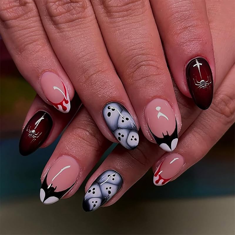 24Pcs Fall Press on Nails Medium Square Fake Nails with Autumn Leaves Designs Red Autumn Maple Leaf False Nail Thanksgiving Acrylic Nails Kit Red