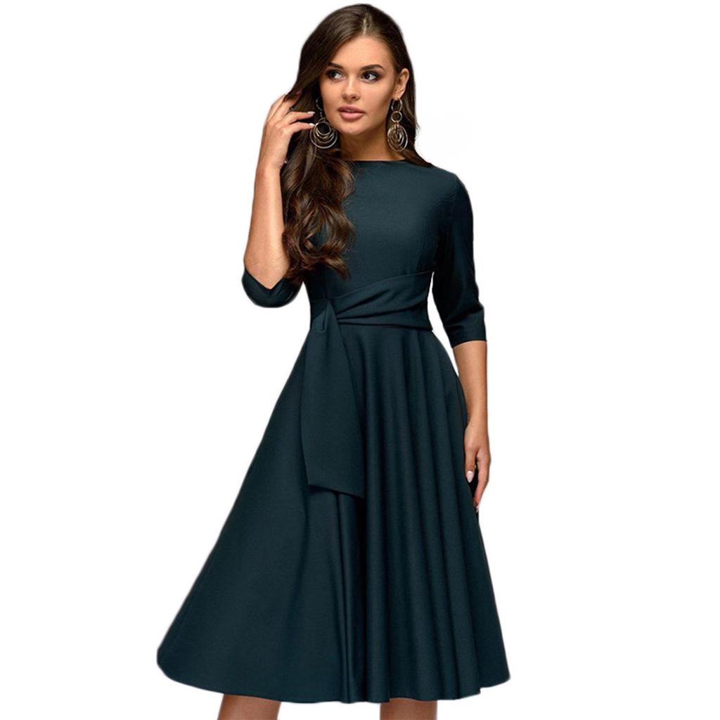 Autumn 2022 Round Neck Tie-Waist Mid-Sleeve Dress with Large Swing Skirt
