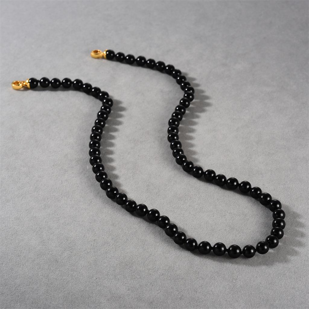 Simple Black Agate Stone Necklace Copper Plated 18K Real Gold Light Luxury Premium Retro Round Bead Collarbone Chain Female
