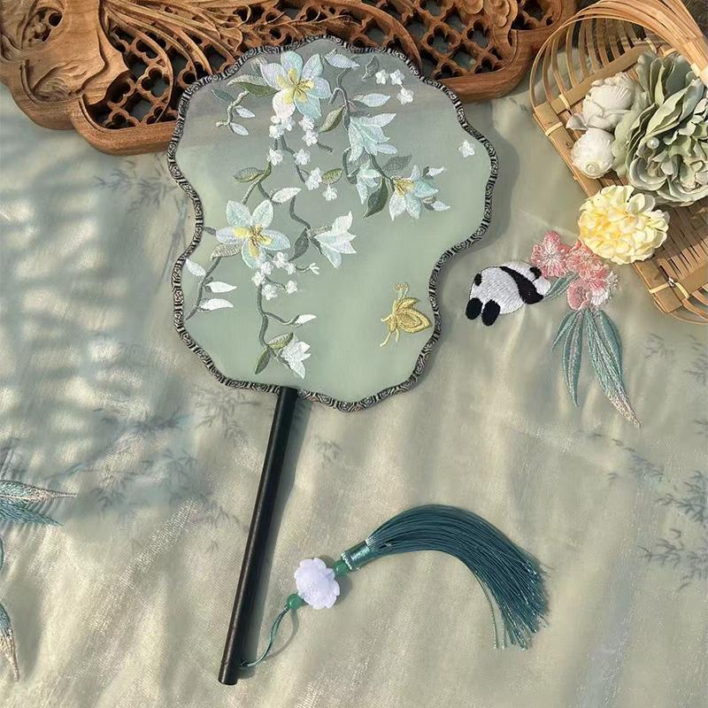 Chinese Style Hanfu Ancient Fan Dance Shooting Long Handled Embroidered Classical Double Sided Fan Female Decorative Fan