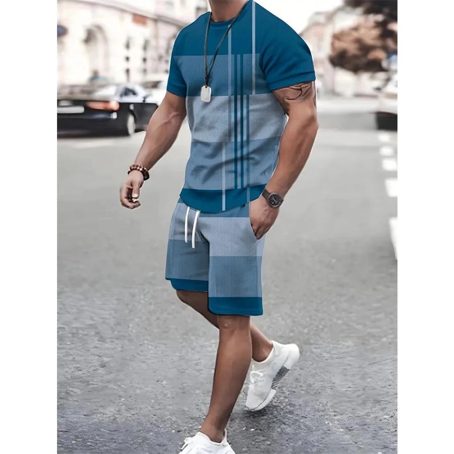 Plus Size Gradient Color Short Sleeve Shorts Set Men's Sports T-shirt Drawstring Shorts 2-piece Set Breathable T Shirt For Man