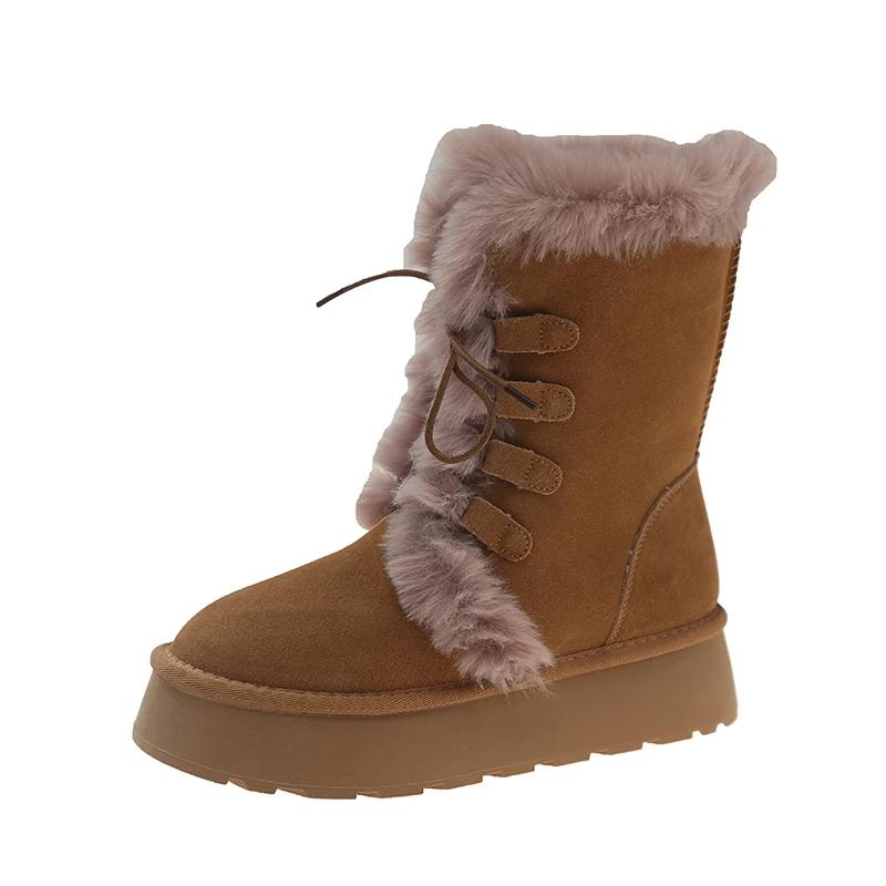 

Женские зимние сапоги на платформе, зимние, средней длины, теплые, из плюша и хлопка, 2025, новые брендовые сапоги на высоком каблуке, модные, челси, женские 35 верблюд