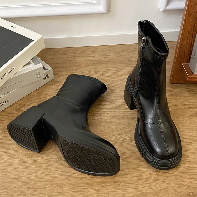 Retro style round head thick heel short boots women's 2025 new thick-soled heightening Martin boots thick heel thin boots rear zipper