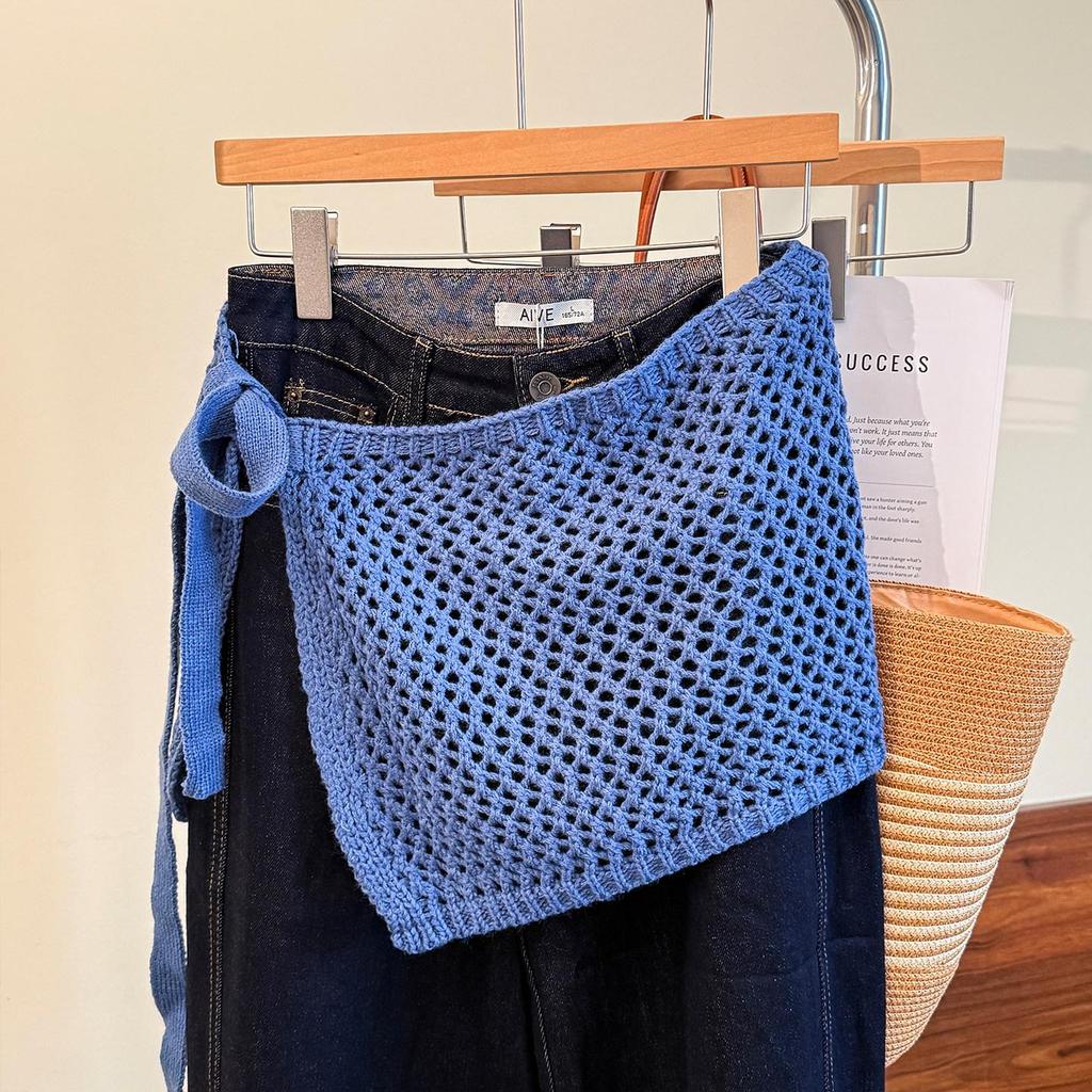 Korean Style Red Knit Hollow Skirt with Decorative Straps - Women's Spring/Summer Layered Outerwear