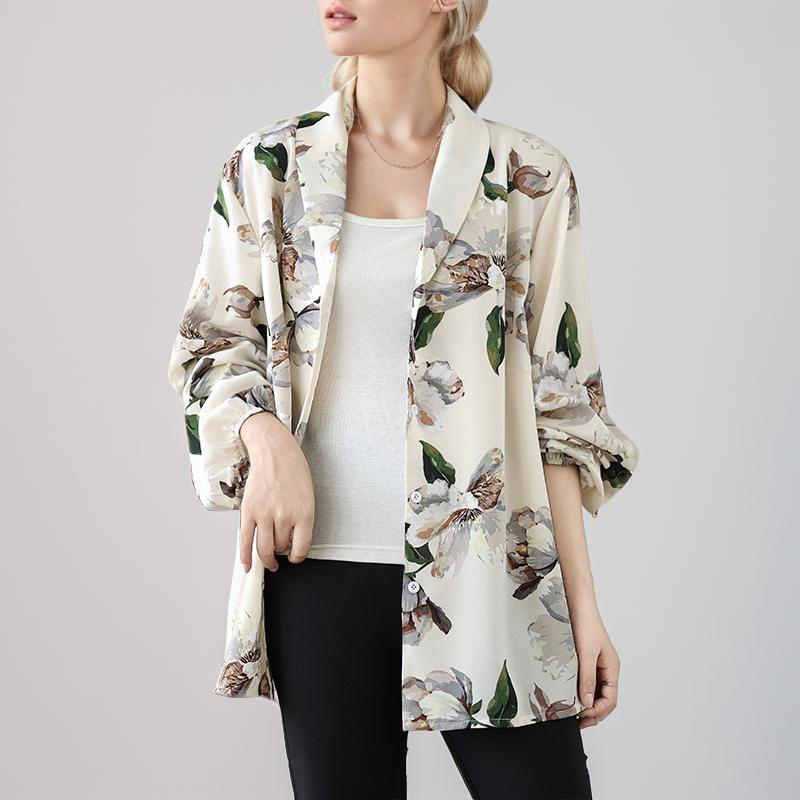 

DIMANAF 2024 Новый женский пиджак пальто пуговицы базовый осенний свободный пиджак принт цветочный XL синий