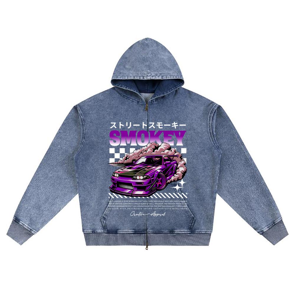 DTG Print Knitted Denim Zip-Up Hoodie Smokey Drift Streetwear Brother Print Zipper Hoodies  