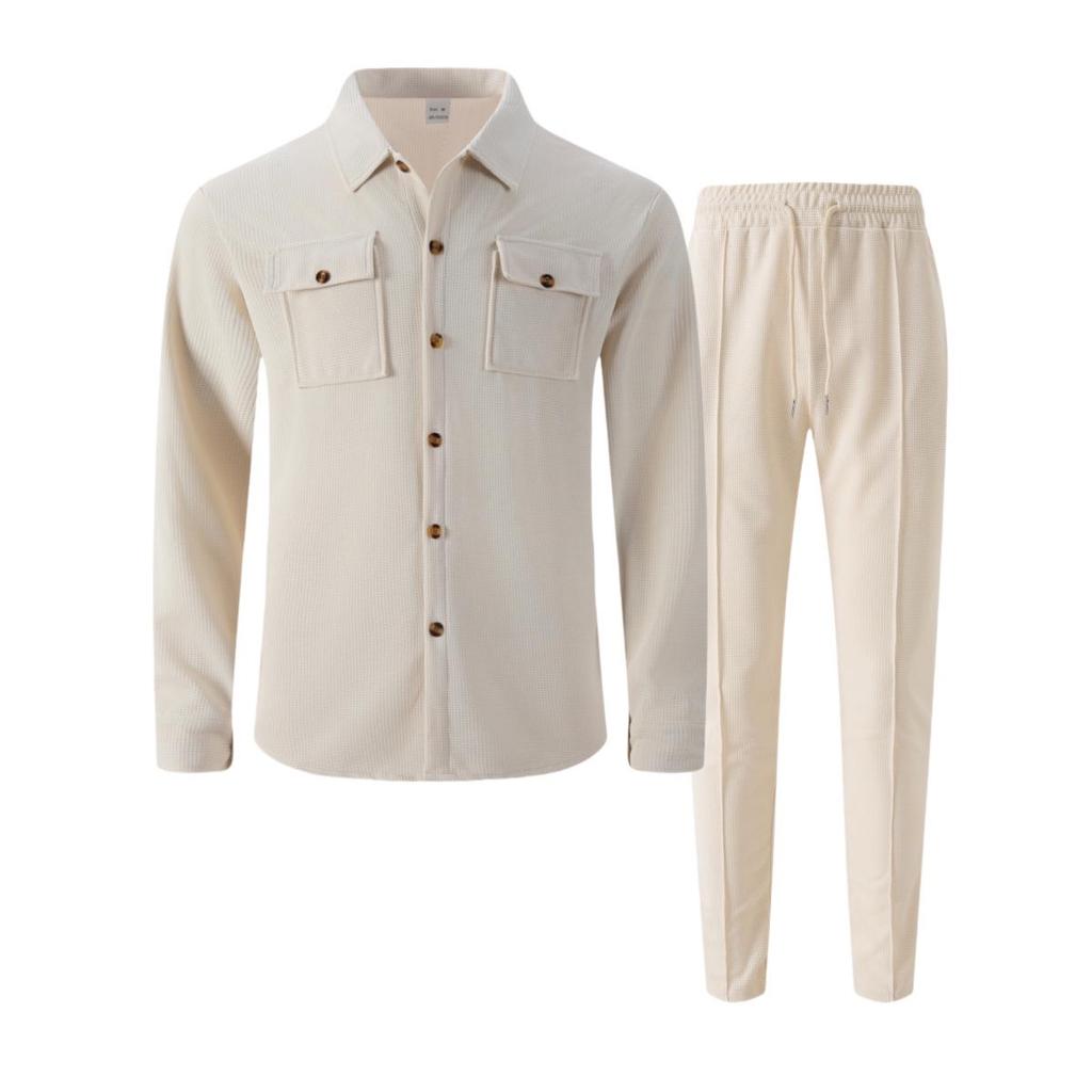 European & American Autumn Waffle Long Sleeve Two-Piece Cardigan Set with Double Pocket.