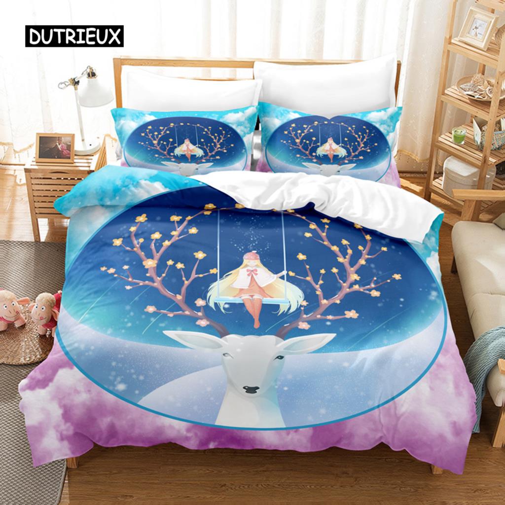 Deer Duvet Cover Set Wild Forest Animal Bedding Set Natural Bedclothes Kids Teens Double Queen King Size Polyester Quilt Cover