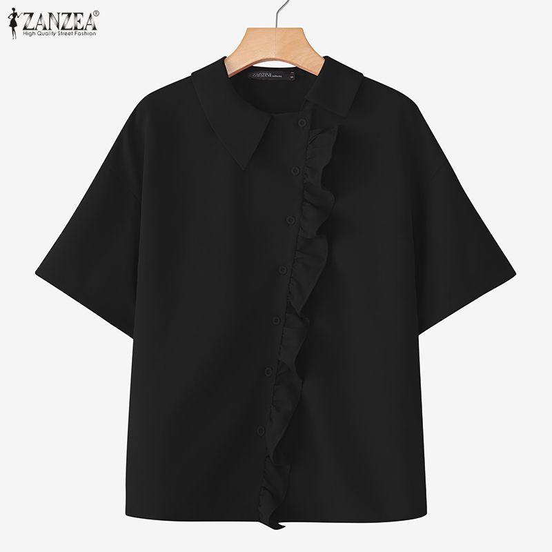ZANZEA Women Casual Turn Down Collar Short Sleeve Loose Blouse