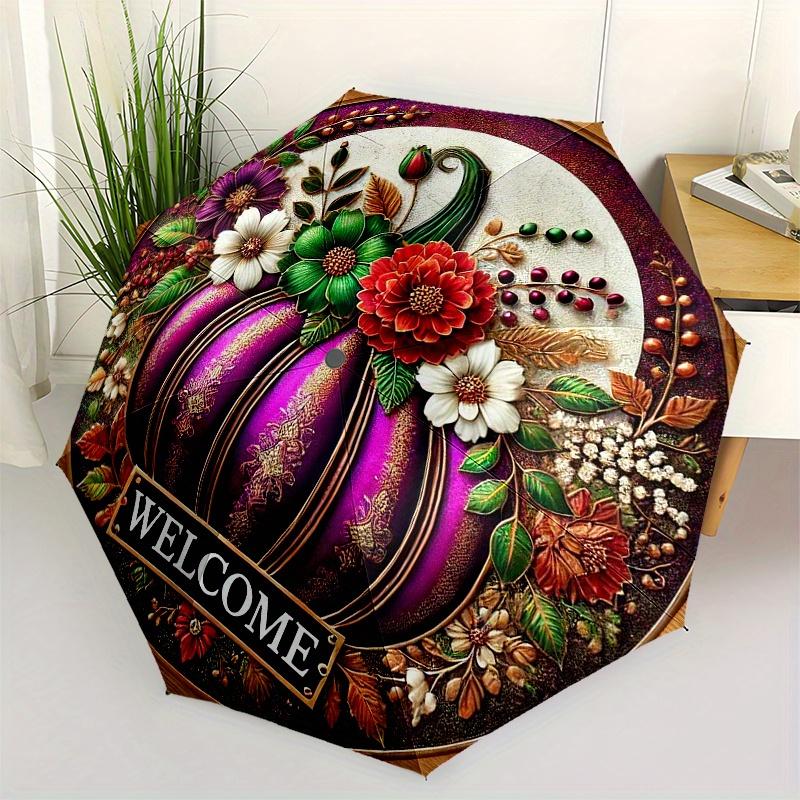Autumn Floral Welcome Sign with Purple PumpkinDecorUmbrella, Portable 3-Fold Compact Umbrella for Men & Women Gift