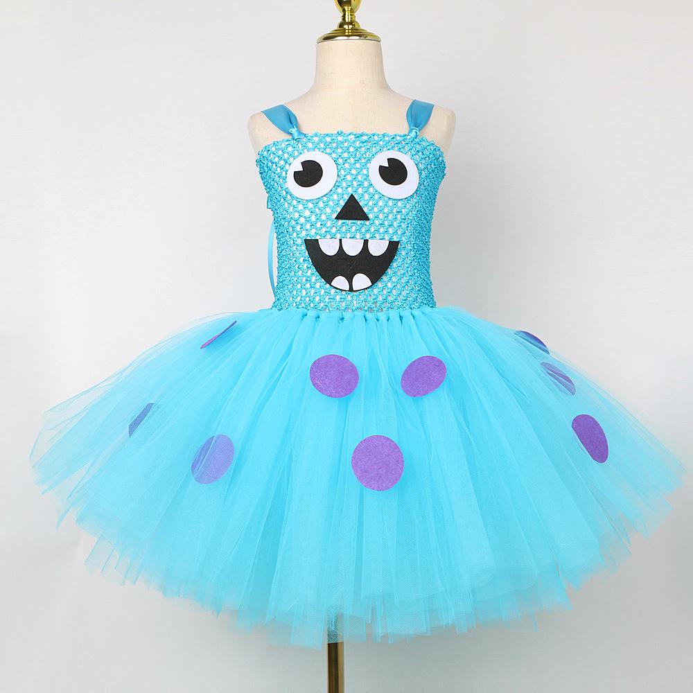 Kids' Blue Long-Haired Monster Costume with Puffy Skirt and Mesh Dress