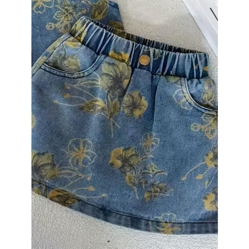 Girls' Stylish Summer Floral Print Faux Denim Set with Metal Button Lapel Top + Flower Faux Denim Skirt, Thin Fit Two-Piece Outfit for Kids
