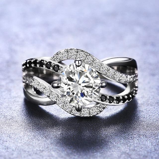 New Unique Black Cubic Zirconia Hollow Out Ring for Women Fashion Female Modern Wedding Jewelry Rings