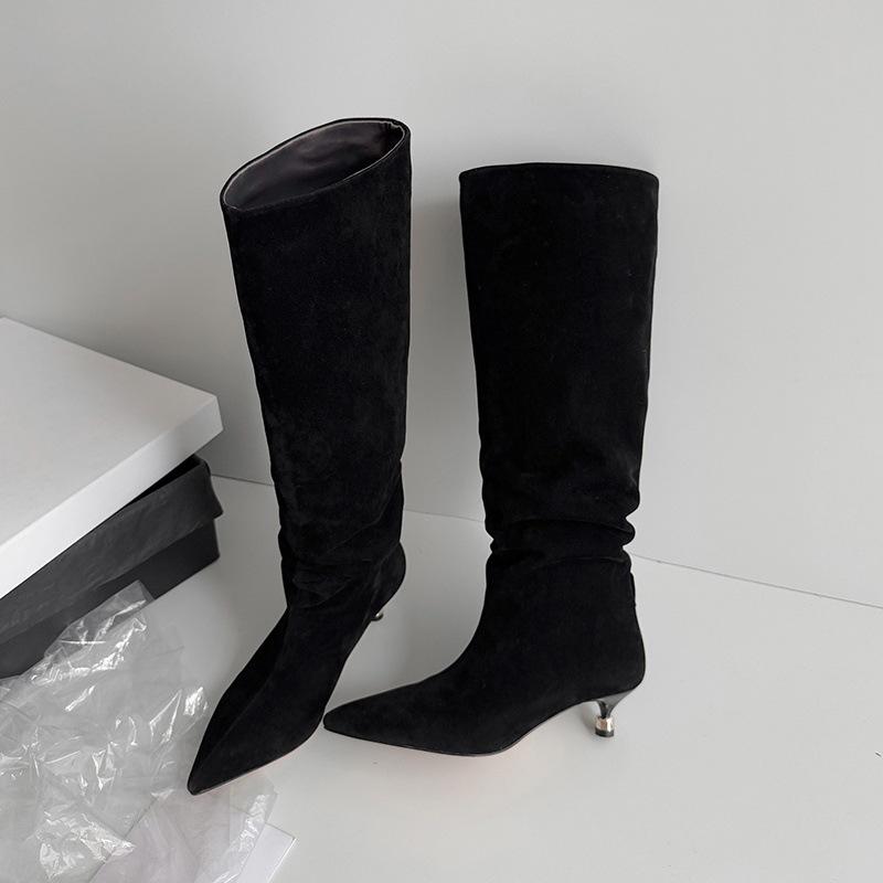 2025 autumn new matte leather high boots British style fashion versatile pointed heel but knee fashion boots