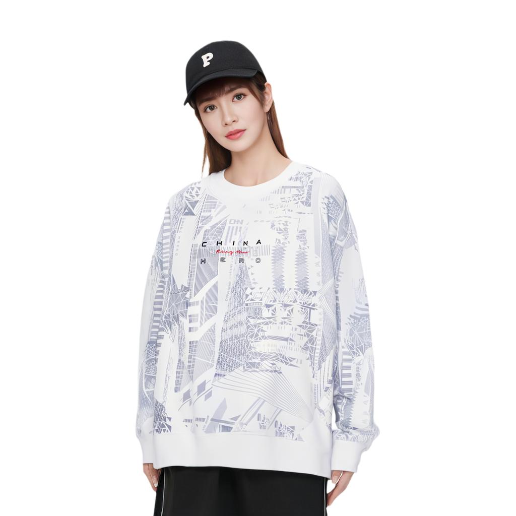 Anta All Over Print Crew Neck Loose Sweatshirt Women Tops Snow-White 162417732-3