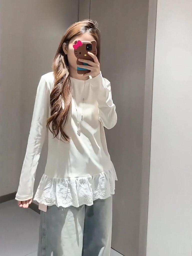 Korean Style Layered Fleece Long-Sleeve T-Shirt with Lace Trim, Round Neck, Regular Shoulder, Loose Fit, Autumn/Winter.