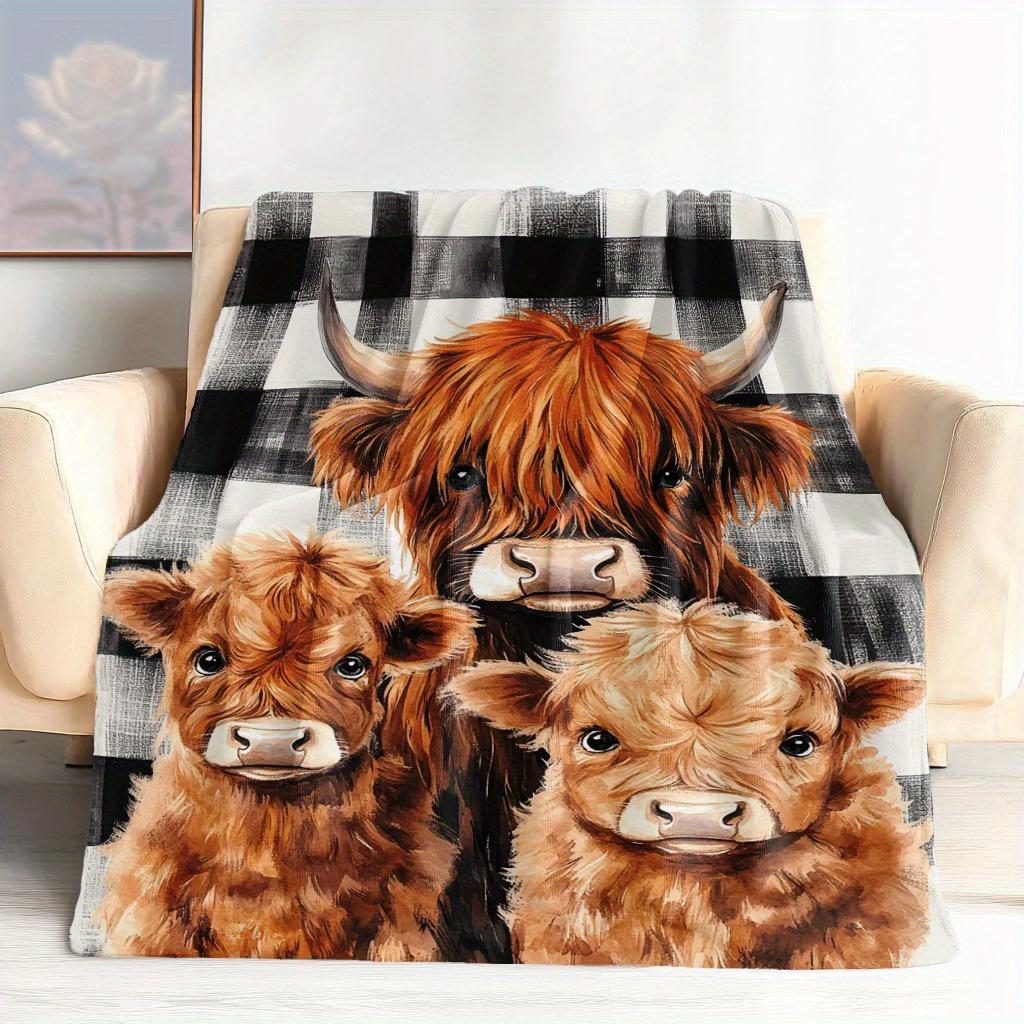 Φανελένια Κουβέρτα με Στάμπα Highland Cow - Μαλακή Καρό | Ριχτάρι για όλες τις εποχές για ταξίδια στο σπίτι και ύπνο